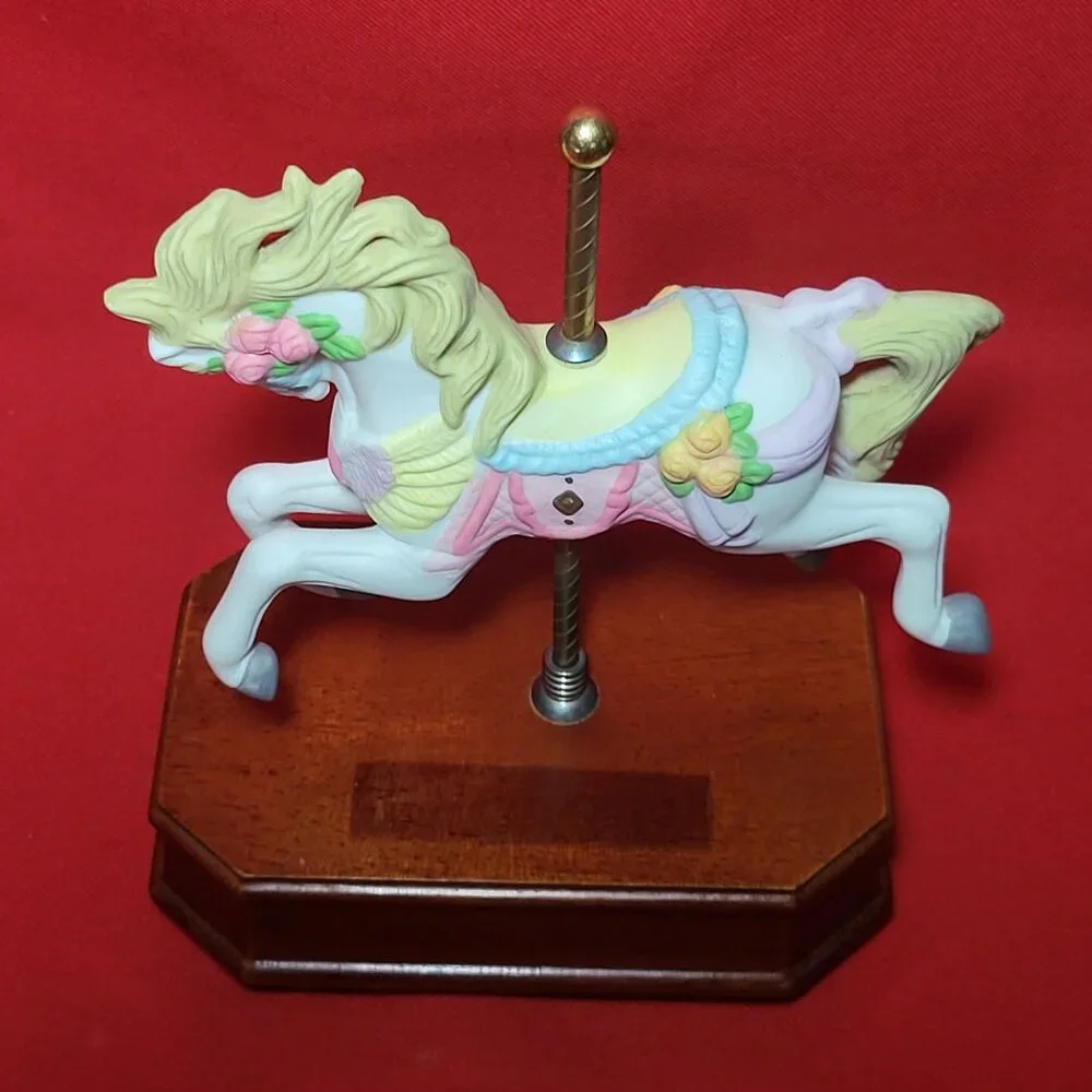 Musical Carousel Horse Bisque Porcelain Wood Base Plays Wind Beneath My Wings